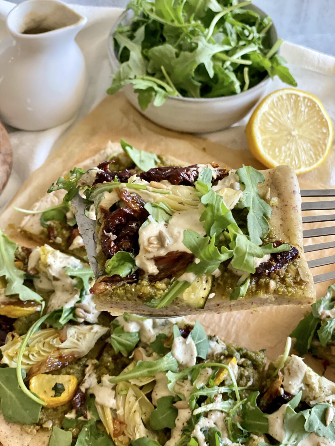 Pesto Flatbread with Sunflower Crema • Consciously Vegan